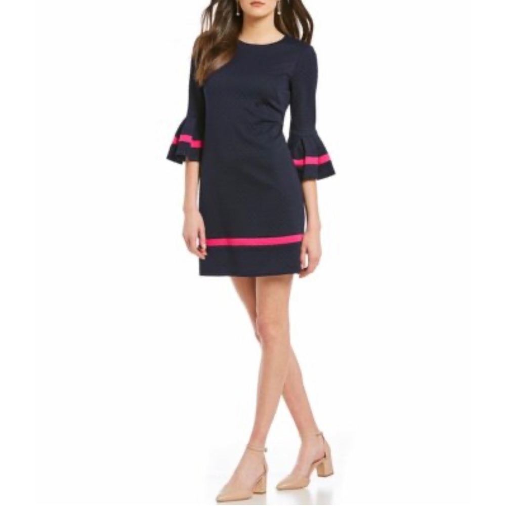 Eliza J Shift Dress Bell Sleeve Navy Pink Stripe Colorblock‎ Work Office Size 6